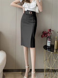 Nukty Spring Summer Buttons Women's Wrap Midi Skirts New High Waist Workwear Front Split Sheath Pencil Skirts Female