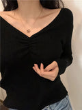 Nukty Sexy V Neck Women Sweater Autumn Knitted Pullover Jumper Chic Soft Korean Slim Long Sleeve Female Basic Top New