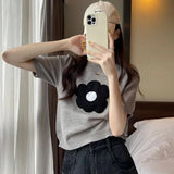 Nukty Summer Flower Embroidery T Shirt Women Korean Style Short Sleeve Knitted T-Shirt Woman All Match Round Neck Tee Tops