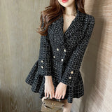 Nukty Autumn Winter Small Fragrance Black Plaid Tweed Dress Women Notched Suit Blazer Pleated Double Breasted Celebrities Mini Dresses