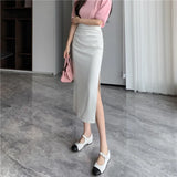 Nukty High Waist Side Split Women's Office Wrap Skirts New Spring Summer Korean Solid Pleated Straight Midi Black Skirts Ladies