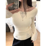 Nukty Hollow Out White Women's Sweater Slim Long Sleeve Knitwear Korean Fashion Pullovers Spring Coquette Jumper Casual