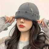 Nukty Winter Harajuku Y2K Knitted Hat Women Fashion Warm Thick Men Hip Hop Pin Hole Skullcap Short Hat Unisex Basic Cap