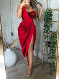 Nukty Summer Women Elegant Spaghetti Strap Ruched Irregular Party Dress Women Temperament Split Slim Ladies Office Dresses