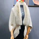 Nukty Women Winter Shawl Imitation Rabbit Fur Collar Sweater Solid Color Cardigan Knitted Wool Shawl Sweater Top Elegant Banquet Shawl