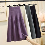 Nukty Women Autumn Winter Loose A-Line Midi Skirt Casual Elegant Office Lady Skirt Trendy All-Match Basic Skirt Solid Pleat Knit Skirt