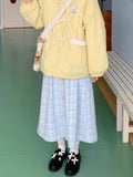 Nukty Kawaii Plaid Skirt Women Winter Elastic Waist A-line Button Patchwork Cute Blue Woolen Long Skirt Harajuku Fashion