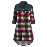 Nukty Button Up Plaid Flap Detail High Low Shirt Long Sleeved Casual Shirt Collar Tops Ladies T-Shirt Loose Streetwear Fashion