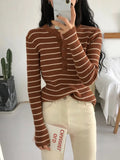 Nukty Women T-shirts Elegant Stripes Knitted Tees Buttoned Up Long Sleeve Slim Women Knitted T-shirts Autumn Winter