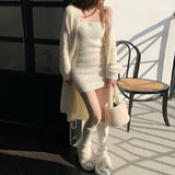 Nukty Korean two piece dress elegant  Knitted suit  jacket mini dress for women luxury Sexy 2 piece sets white Cardigan two piece set