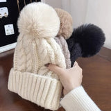 Nukty thicken Fur Pom Knitted Beanies Hat Female Plush Winter Fleece-lined Warm Hats for Women Girl's Outdoor Woolen Thermal Gorro Cap