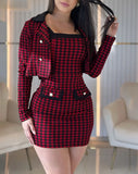 Nukty 2PCS Women's Outfits Houndstooth Print Slip Bodycon Dress & Button Decor Crop Coat Temperament Autumn New Fashion Two Piece Sets