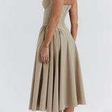 Nukty Khaki Midi Dresses Elegant Chic Women Holiday Party Dress Vintage Sexy Pleated Sleeveless Casual Long Dress Backless