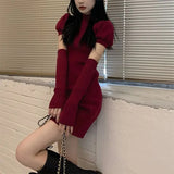 Nukty DRESS TO IMPRESS New Year Red Dress Women Christmas Sexy Puff Sleeve Bottoming Knitted Sweater Fashion Party Mini Vestidos Hip Dresses