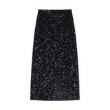 Nukty Autumn Winter Velvet High Waist Sequined Women's Wrap A-Line Skirts New Elegant Back Split Pencil Skirts Female