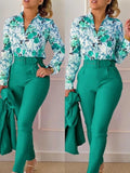 Nukty business casual outfits Elegant Women Printed Two Piece Suit Sets Spring Autumn V Neck Long Sleeve Shirt Top & Long Pants Set With Belt Workwear Outfits