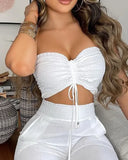 Nukty Two Piece Set Women Outfit Summer Fashion Drawstring Bandeau Sleeveless Crop Top & Casual Shirred High Waist Pants Sets