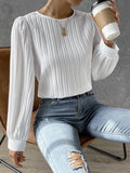 Nukty Fall New Casual Solid Round Neck Long Sleeve Shirts White Women's Blouses