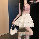 Nukty Ruffle Pleated Mini Skirts Women Lolita Casual White Short Skirt Cutecore Korean Style Sweet Girl Black Layered Skirt