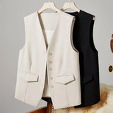 Nukty Women Suit Vest Elegant Women's V Neck Business Vest Sleeveless Waistcoat for Office Commute Style Solid Color Single-breasted