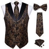 Nukty Brand Suit Vest Set For Men Luxury Silk Black Gold Paisley Dress Vest Tie Cufflinks Handkerchief Set Male Sleeveless Waistcoat