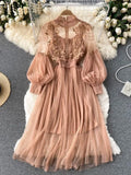 Nukty Ladies Dress Three-dimensional Flower Hook Mesh Temperament Stand Collar Lantern Sleeve High Waist Slim Female Dresses