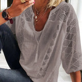 Nukty Fashion Hollow Out Tops Summer V-neck Short Sleeve Cotton White Shirt Women Casual Loose Stitching Lace Blouse Blusas