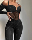 Nukty Jumpsuit Women Tribal Pattern Flocked Mesh Patch Long Sleeve Jumpsuit Autumn Europe and America Fashion Women's Clothing