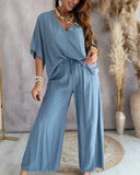 Nukty Summer Casual Loose Two Piece Set Women Fashion V-neck Pants Sets Women Elegant Batwing Sleeve Homewear Outfits 2 Piece Sets