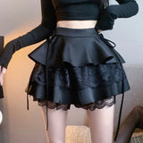 Nukty Gothic Sexy Ruffle Tiered Skirts Women Cute Lolita Style Lace Cake Skirt Girl Kawaii Clothes High Waist Solid A-Line Mini Skirt