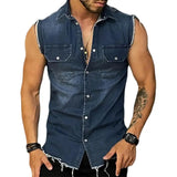 Nukty Lapel Sleeveless Vest Jacket Single-breasted Flap Pockets Tassel Men Summer Solid Color Denim Shirt Streetwear Show  Body Muscle