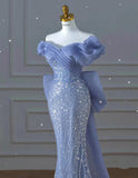Nukty Off the Shoulder Sequin Beaded Mermaid Formal Gown Custom Made Bowknot Back Blue Prom Dress for Women