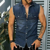 Nukty Lapel Sleeveless Vest Jacket Single-breasted Flap Pockets Tassel Men Summer Solid Color Denim Shirt Streetwear Show  Body Muscle