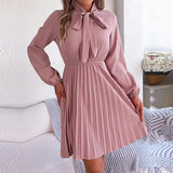 Nukty Women's New Autumn Winter Temperament Lace Up Solid Color High Waist Long Sleeve Pleated Dress