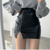 Nukty Black Mini Sexy Skirt Sexy High Waist Package Hip Pencil Skirt Women Korean Fashion Pu Faux Leather Split Zipper Short Skirts