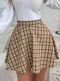 Nukty New Women Fashion Vintage Plaid Casual With Skirt  Sweet Contrast Plaid Skirt A-line Skirt High Waist Skirt