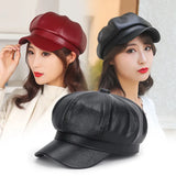 Nukty New Women PU Leather Berets Cap Hat Black Red Outdoor Adjustable Female Autumn Winter Casual Lady Cap Hat For Women