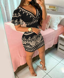 Fashion 2024 Spring Summer Daily Women's Dress Elegant Casual Short Bell Sleeve Tribal Print Plunge Bodycon Mini Dress