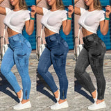 Nukty Women Jeans Sheath Pencil Pants Pockets Cargo Denim Distressed High Waist Washing Slim Fit Zipper Fly Ankle Length Solid