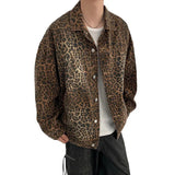 Nukty Hip Hop Men's Vintage Leopard Print Denim Jackets  Autumn Fashion Lapel Collar Zipper Jacket Coat Holiday Jackets Streetwear