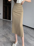 Nukty High Waist Side Split Women's Office Wrap Skirts New Spring Summer Korean Solid Pleated Straight Midi Black Skirts Ladies