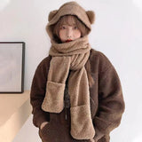 Nukty Cute Bear Ear Hat Scarf Set Kawaii Women Winter Beanies Caps Warm Casual Plush Hat Casual Female Keep Wammer Anime Gift