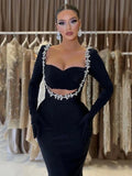 2024 New Summer Women's Black Long sleeved Luxury Diamond Hollow Tight and Sexy Celebrity Cocktail Party Bandage Dress