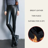 Nukty Autumn Winter Velvet Thick Warm Leather Pants Women Elastic PU High Waist Leggings Black Casual Slimming Fleece Trousers