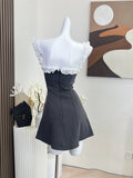 Nukty Women Summer Off Shoulder Mini Dress Sexy Elegant Vintage Fashion Party Club Sleeveless Grey Dress Female One Piece Frocks