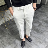 Nukty 2024 Summer Fashion Mens Dark Green Suit Pants Pure Color Business Occupation Slim Fit Dress Office Ankle Trousers