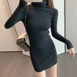 Nukty Women Autumn Turtleneck Thicken Warm Bodycon Dress Long Sleeve Knit Solid Office Pullover Dress For Women Winter