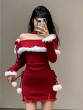 Nukty Christmas New Years Bodycon Knitted Mini Dress Women Casual Long Sleeve Sweet Elegant Even Party One Piece Dress Korean Fur