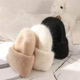 Nukty 21colors Autumn Angola Rabbit Fur Knitted Beanies Winter Skullies Women's Hat Fashion Solid Warm Cashmere Wool Three Fold Thick