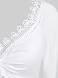 Nukty Plus Size White Lace Trim Hollow Out Tees Fashion V-Neck Cinched Flare Sleeves Tops Women Fall,Spring Streetwear T-Shirt